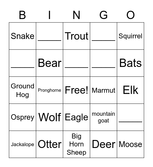 Animal Bingo Card