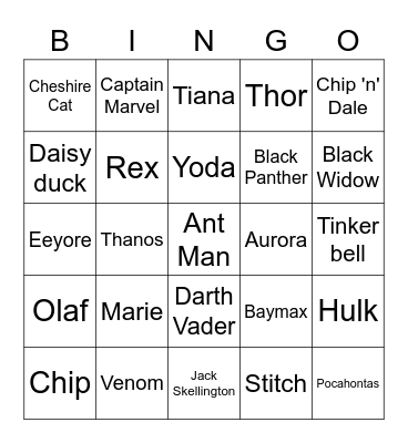 Disney Character Bingo Card