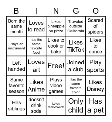 Student Bingo Card
