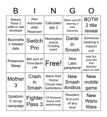 Nintendo Direct Bingo Card