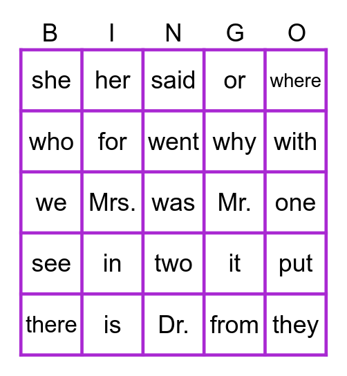 Sights Words Bingo Card