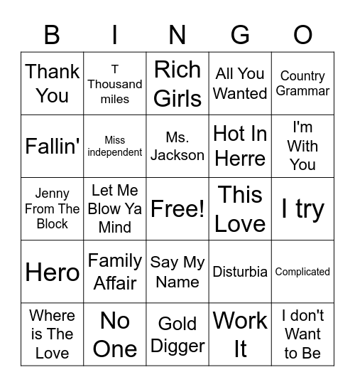 Early 00's Pop Bingo Card