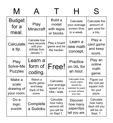 Summer Math Fun Bingo Card