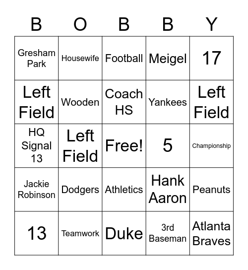 Bobby's Grand Slam 60th Celebration Bingo Card