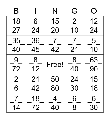 Simplfying Fractions Bingo Card