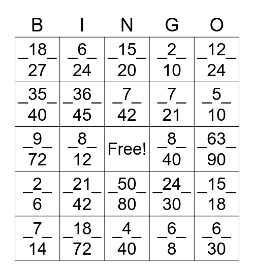 Simplfying Fractions Bingo Card