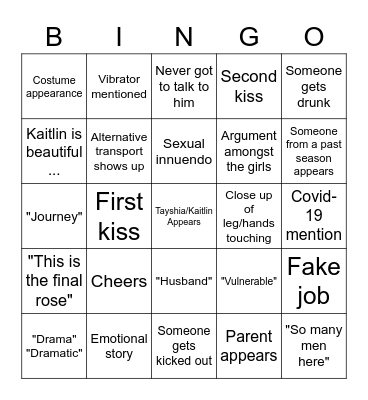 Bachelorette Bingo Night 1 Bingo Card