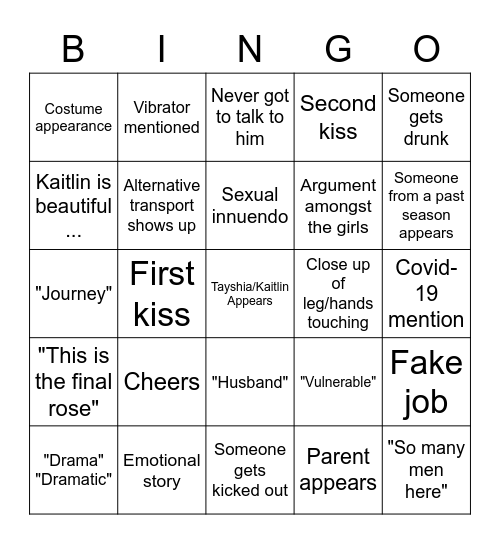 Bachelorette Bingo Night 1 Bingo Card