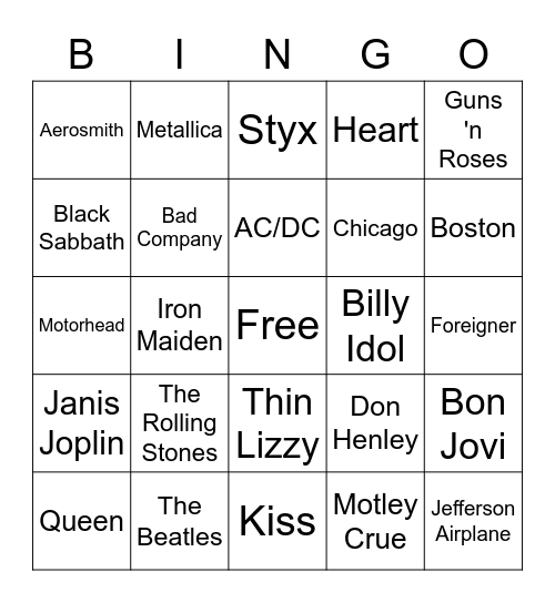 Classic Rock Bingo Card