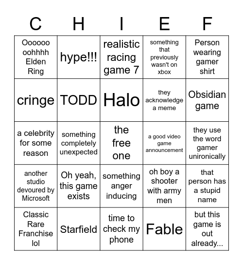 Xbox E3 Bingo Card