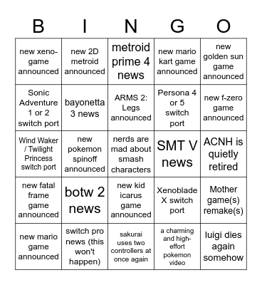 nintendo show Bingo Card