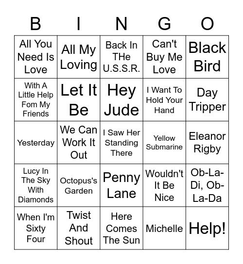 Beatles Bingo 1 Bingo Card