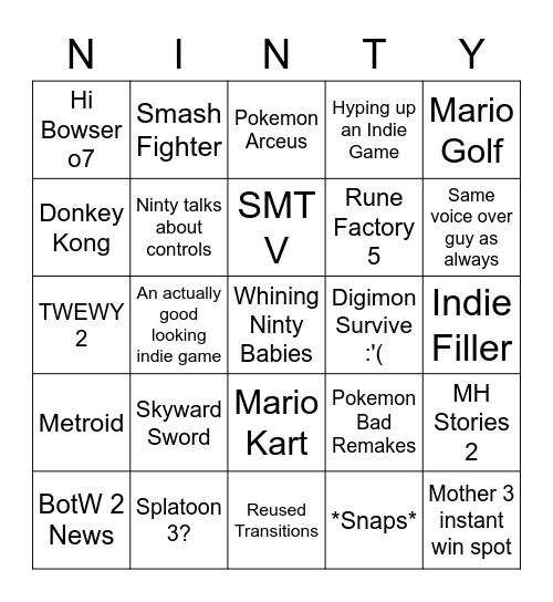 Nintendo E3 Bingo Card