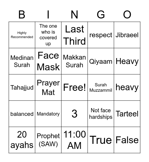 Surah Muzzammil Bingo Card