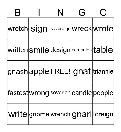 gn words Bingo Card
