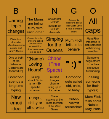 Queens Of The Castle Server Bingo Card
