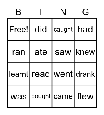 Irregular Verbs Bingo Card