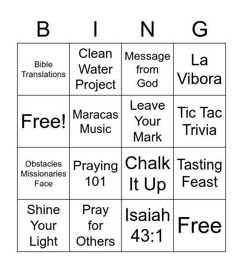 Mission Fair 2021 Bingo Card