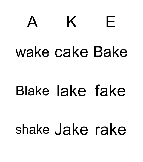 -ake word Bingo Card