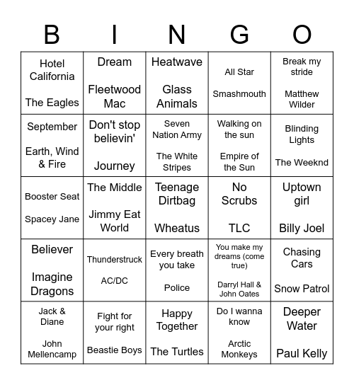 Musical Bingo Round 1 Bingo Card