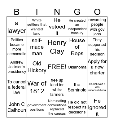 Andrew Jackson Bingo Card