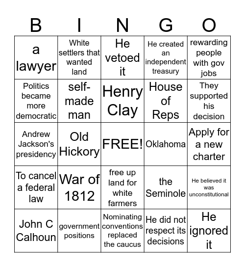 Andrew Jackson Bingo Card