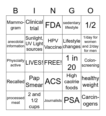 Cancer Prevention Bingo Card