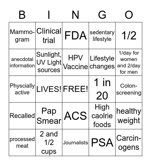 Cancer Prevention Bingo Card