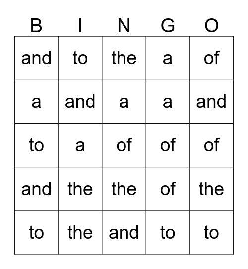 Sight Words 1-5 Bingo Card