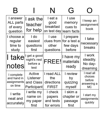 Test Taking Strategies Bingo Card