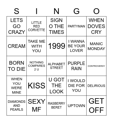 655 BEST OF PRINCE Bingo Card