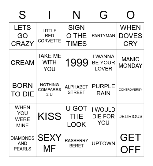 655 BEST OF PRINCE Bingo Card