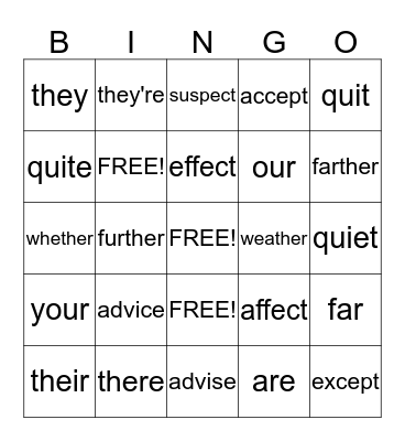 Homophones! Bingo Card