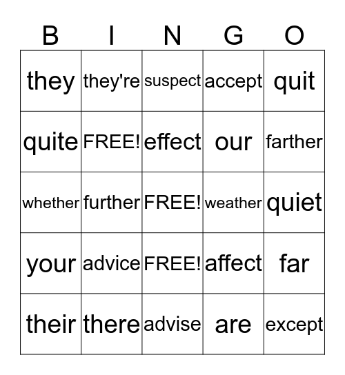 Homophones! Bingo Card