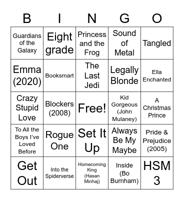 Lily’s Movies Bingo Card