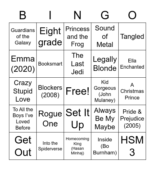 Lily’s Movies Bingo Card