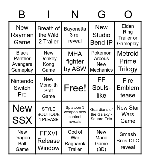 E3 2021 Bingo Card