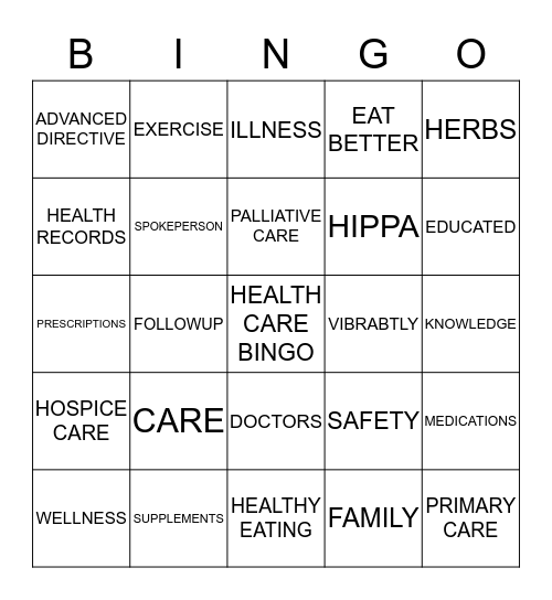 HEALTH CARE BINGO Card