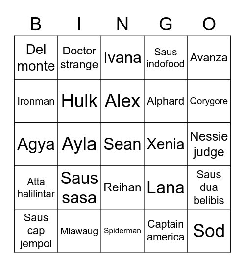 Punya lore Bingo Card