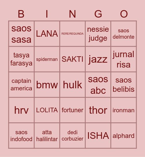 Lolita's Bingo Card