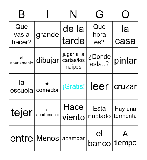 7th grade Spanish Final bingo Card