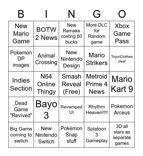 Nintendo Bingo Card Bingo Card