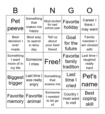 About Me Bingo Card
