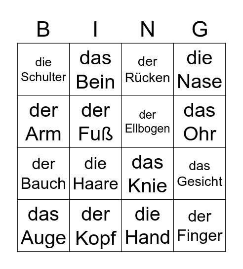 Bingo des Körpers Bingo Card