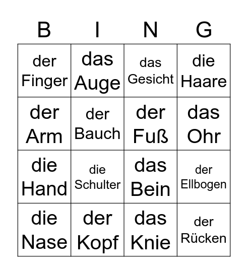 Bingo des Körpers Bingo Card