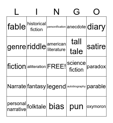 Literary Genre Bingo Card