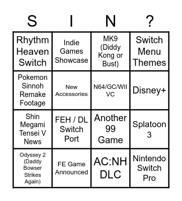 Nintendo E3 Predictions Bingo Card