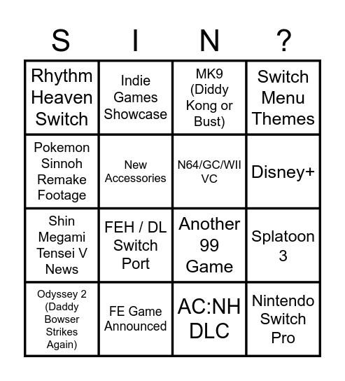 Nintendo E3 Predictions Bingo Card