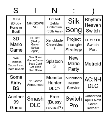 Nintendo E3 Predictions Bingo Card