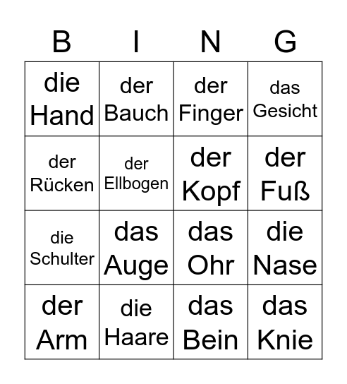 Bingo des Körpers Bingo Card